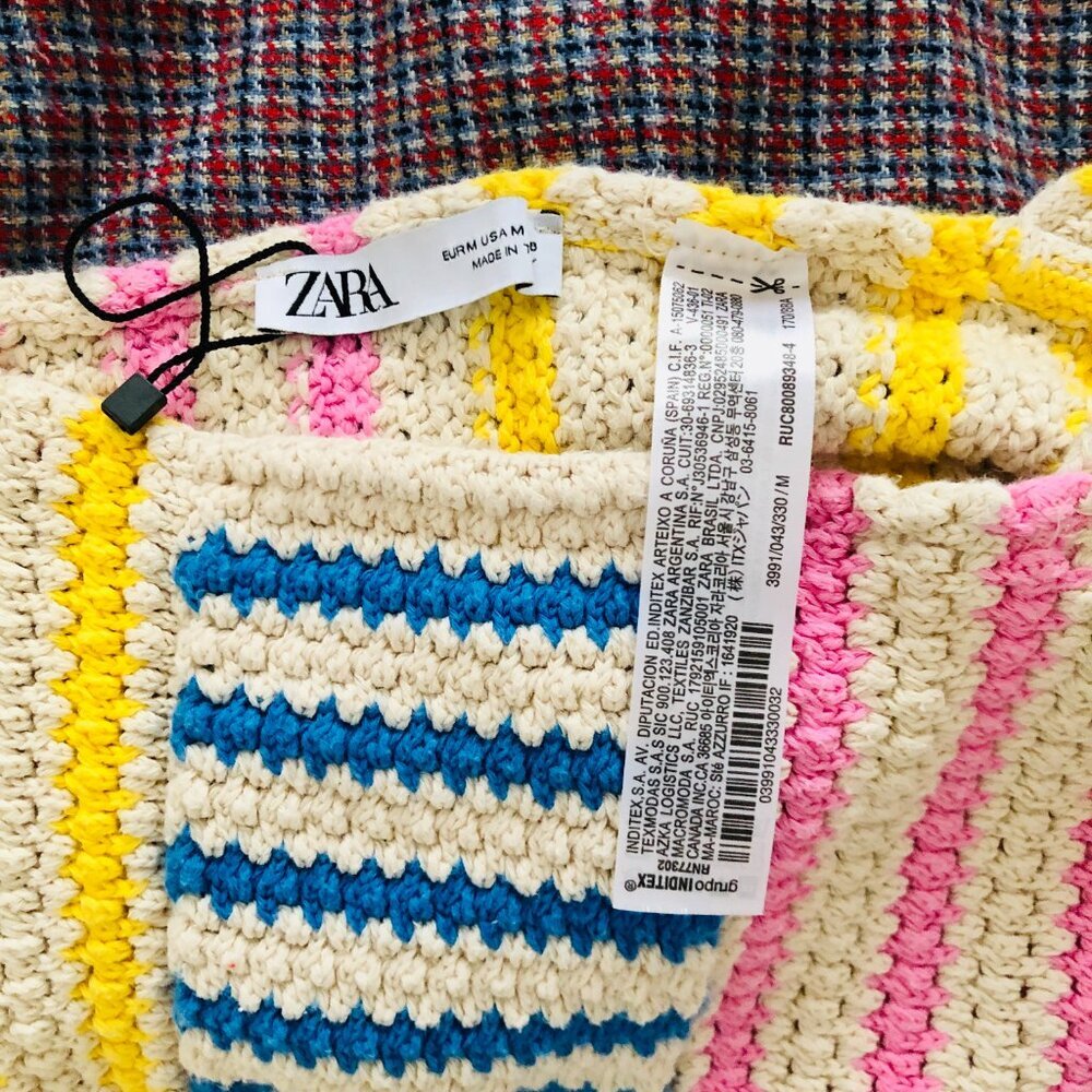 NWOT ZARA Striped Crochet Knit Crop Top Multicolor Boho Festival Cotton Size M - Picture 4 of 8